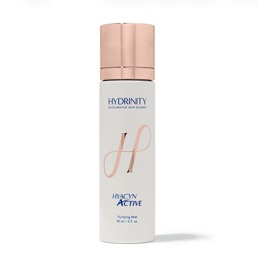 Hydrinity Hyacyn Active Purifying Mist 90 ml bottle with a rose gold cap available at KOZA Skin Clinic, Port Coquitlam, Tri-Cities BC