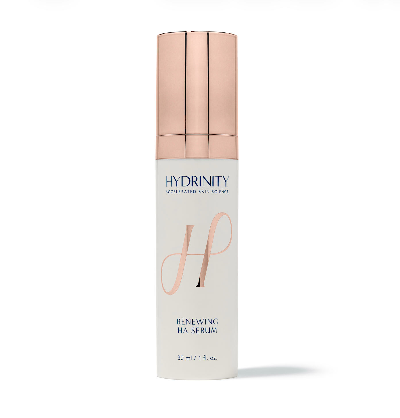 Hydrinity Renewing HA Serum 30 ml bottle with a rose gold cap available at KOZA Skin Clinic, Port Coquitlam, Tri-Cities BC