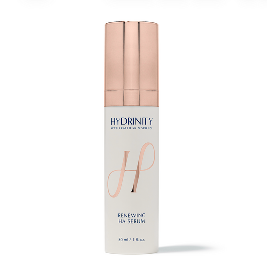 Hydrinity Renewing HA Serum 30 ml bottle with a rose gold cap available at KOZA Skin Clinic, Port Coquitlam, Tri-Cities BC