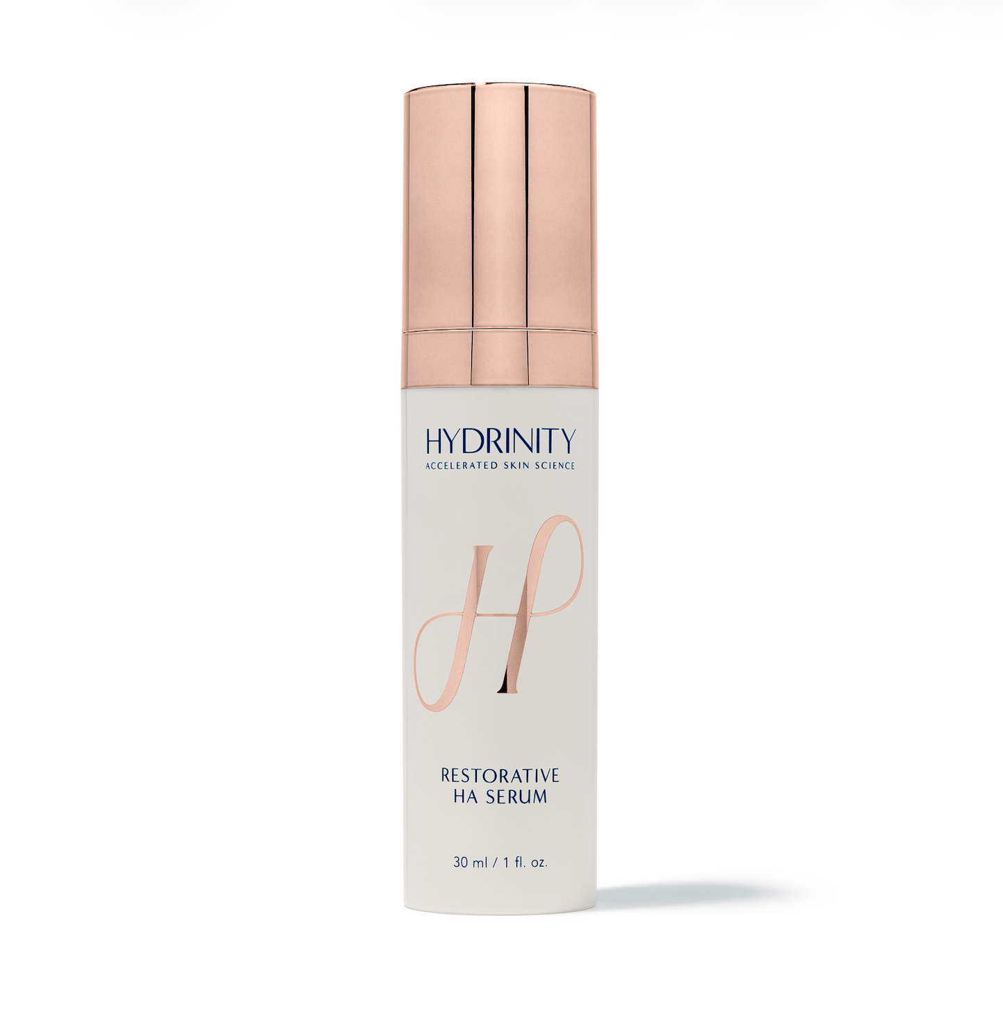 Hydrinity Restorative HA Serum 30 ml bottle with a rose gold cap available at KOZA Skin Clinic, Port Coquitlam, Tri-Cities BC