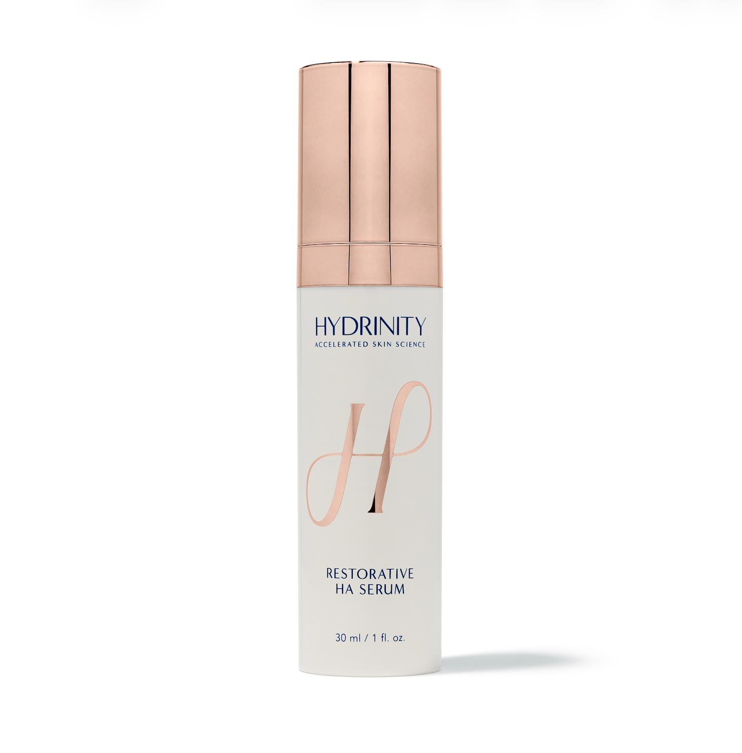 Hydrinity Restorative HA Serum 30 ml bottle with a rose gold cap available at KOZA Skin Clinic, Port Coquitlam, Tri-Cities BC