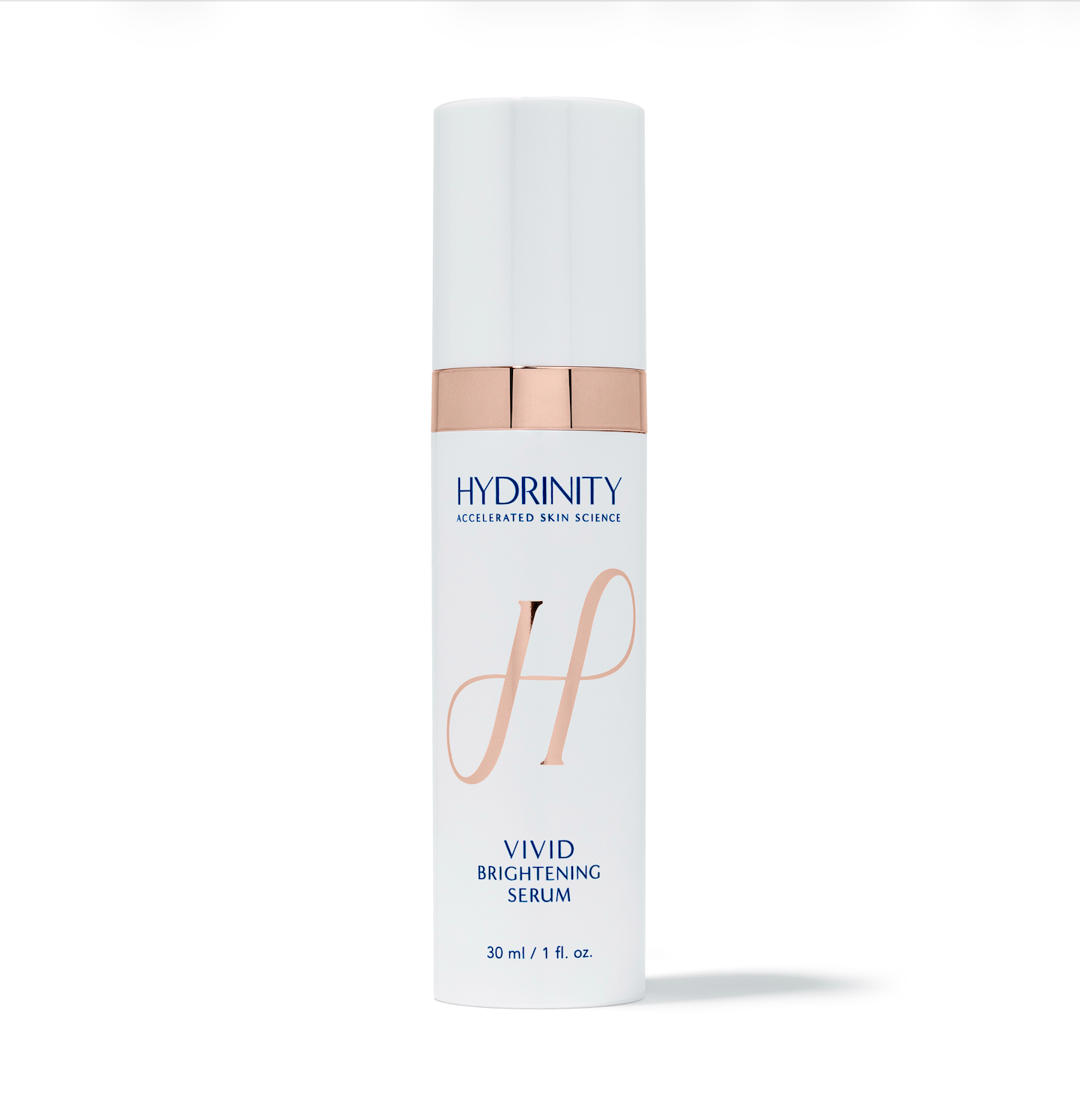 Hydrinity Vivid Brightening Serum 30 ml bottle with a rose gold collar available at KOZA Skin Clinic, Port Coquitlam, Tri-Cities BC