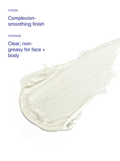 Product feature graphic for a clear, non-greasy face and body cosmetic with a complexion-smoothing finish, at KOZA Skin Clinic, Port Coquitlam, Tri-Cities BC.